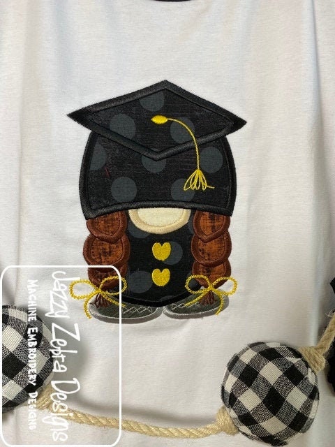 Graduation gnome girl applique machine embroidery design