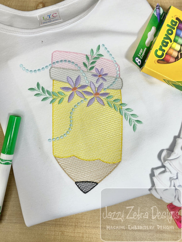 Pencil with flowers sketch machine embroidery design