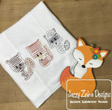 Woodland animals fox, raccoon and squirrel scribble machine embroidery design