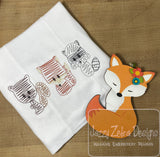 Woodland animals fox, raccoon and squirrel scribble machine embroidery design