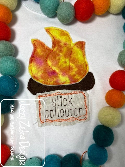 Stick collector saying campsite fire camping shabby chic bean stitch appliqué machine embroidery design