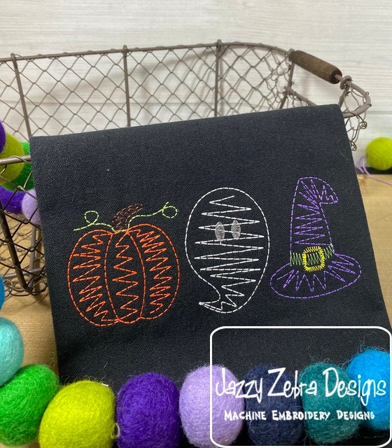 Halloween trio ghost, pumpkin and witches hat scribble machine embroidery design
