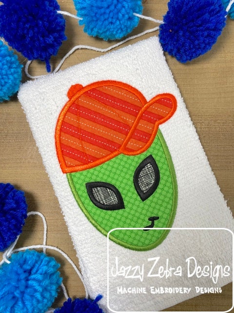Alien with baseball hat appliqué machine embroidery design