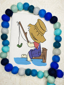 Boy Fishing from pier sketch machine embroidery design