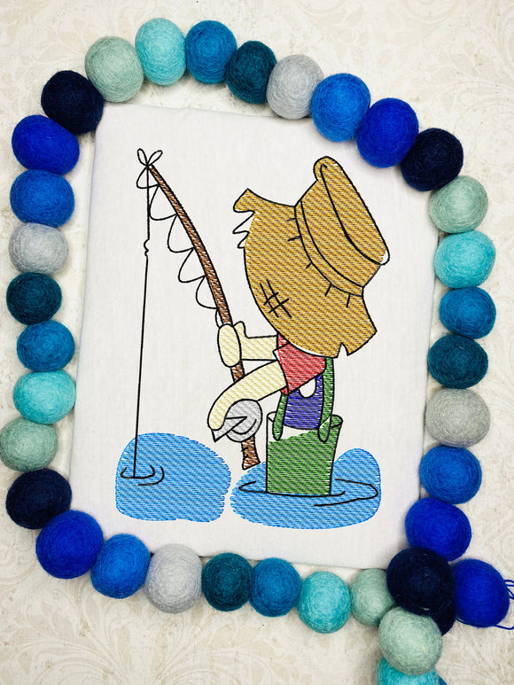 Fishing Boy with hip wadders sketch machine embroidery design