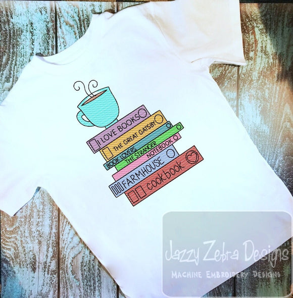 book stack with coffee cup sketch machine embroidery design