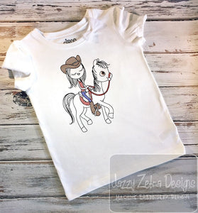 Swirly girl on horse sketch machine embroidery design