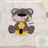Bear with bee and bee hive appliqué machine embroidery design