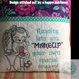 Swirly girl putting on makeup sketch machine embroidery design