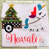 Unicorn pulling cart with Christmas tree appliqué machine embroidery design
