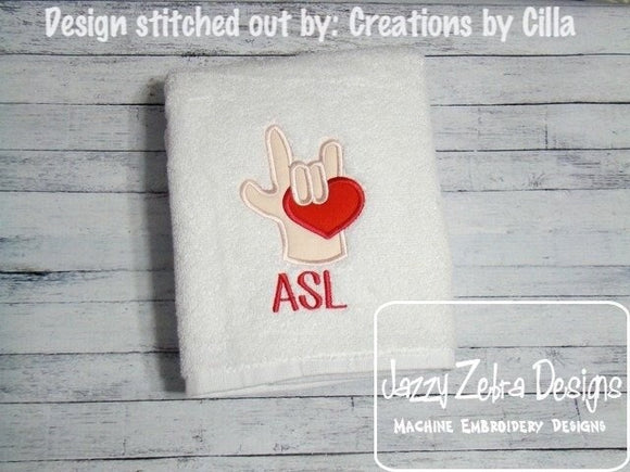 Love in Sign Language holding heart appliqué machine embroidery design