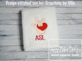 Love in Sign Language holding heart appliqué machine embroidery design