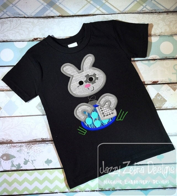 Robot bunny with Easter egg appliqué machine embroidery design