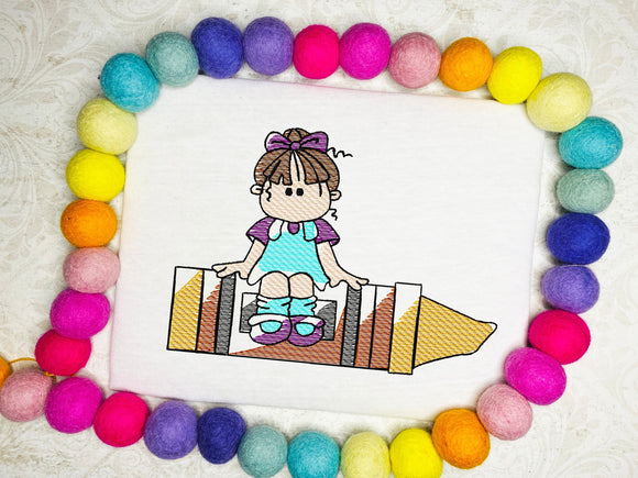 School Girl sitting on crayon sketch machine embroidery design