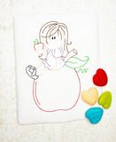 Girl sitting on apple back to school vintage stitch machine embroidery design