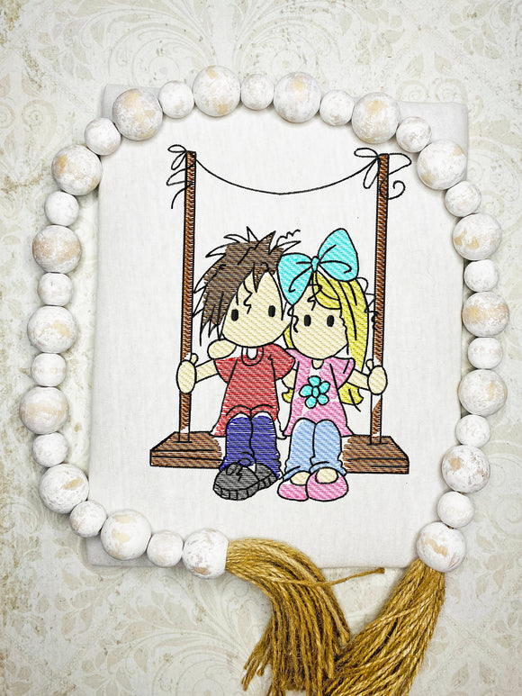 Couple on swing sketch machine embroidery design