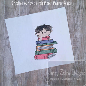 Boy with stack of books sketch machine embroidery design