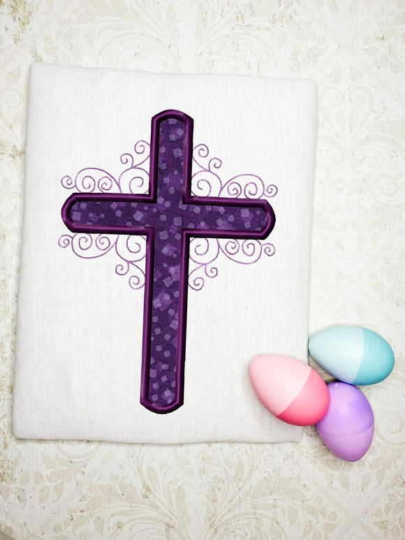 Cross with swirls appliqué machine embroidery design