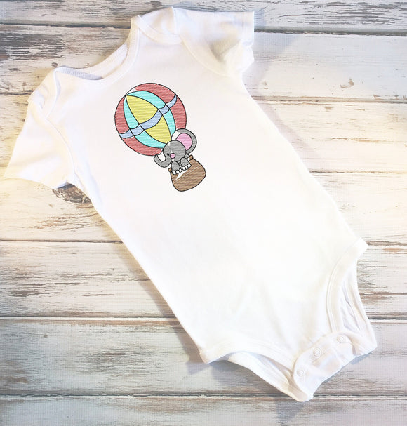 Elephant in hot air balloon sketch machine embroidery design