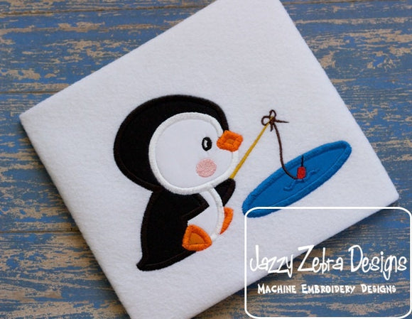 Penguin fishing applique machine embroidery design
