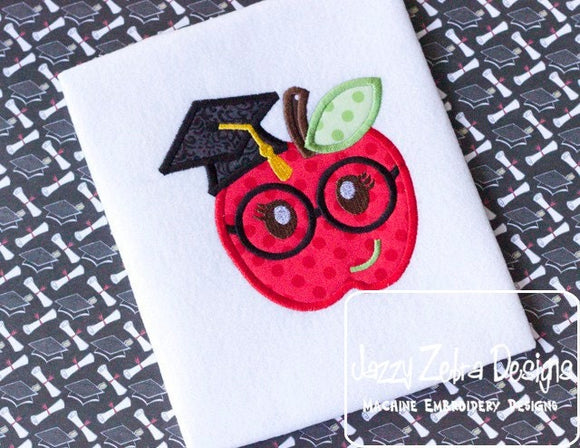Apple Girl with Glasses wearing graduation cap applique machine embroidery design