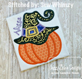 Witch hat on pumpkin appliqué machine embroidery Design