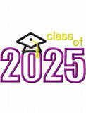 Class of 2025 with graduation cap appliqué machine embroidery design