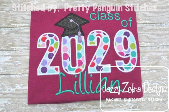 Class of 2029 with graduation cap appliqué machine embroidery design