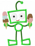 Robot with ice cream cones appliqué machine embroidery design