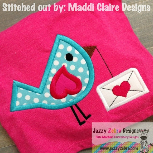 Bird with Valentine love letter appliqué machine embroidery design