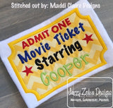 Admit one Movie Ticket appliqué machine embroidery design