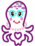 Girly Octopus wearing glasses appliqué embroidery design