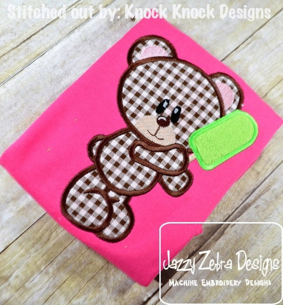 Bear with popsicle appliqué machine embroidery design
