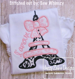 Girl Eiffel Tower with bow appliqué machine embroidery design