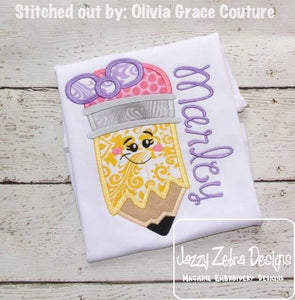 Pencil with face girl appliqué machine embroidery design