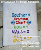 Y'all Southern Grammar Saying Chart Machine Embroidery Design