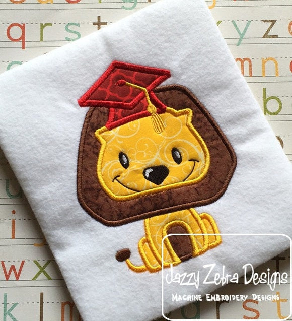 Lion wearing graduation cap applique embroidery design
