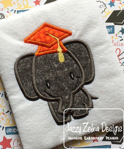 Elephant wearing graduation cap applique machine embroidery design