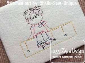School boy sitting on ruler vintage stitch machine embroidery design