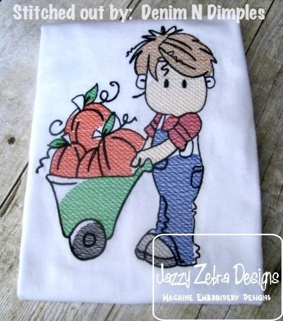 Boy with wagon of Pumpkins sketch machine embroidery design