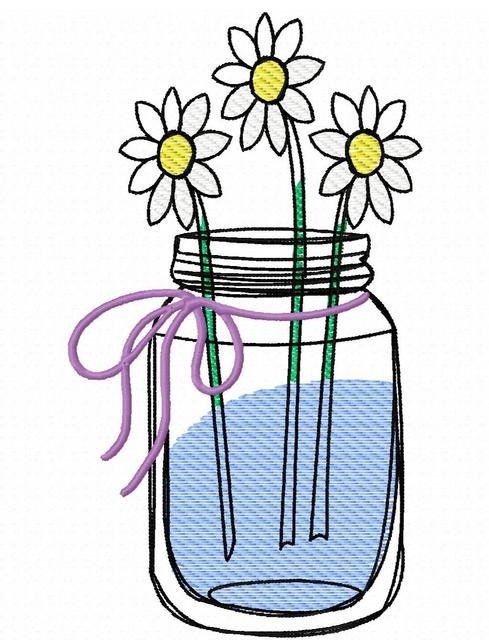 Daisies in Jar Sketch machine Embroidery Design - instant download design