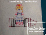 School girl sitting on crayon vintage stitch machine embroidery design