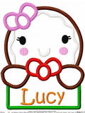 Girl gingerbread with name box appliqué machine embroidery design