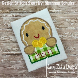 Gingerbread boy with name box appliqué machine embroidery design