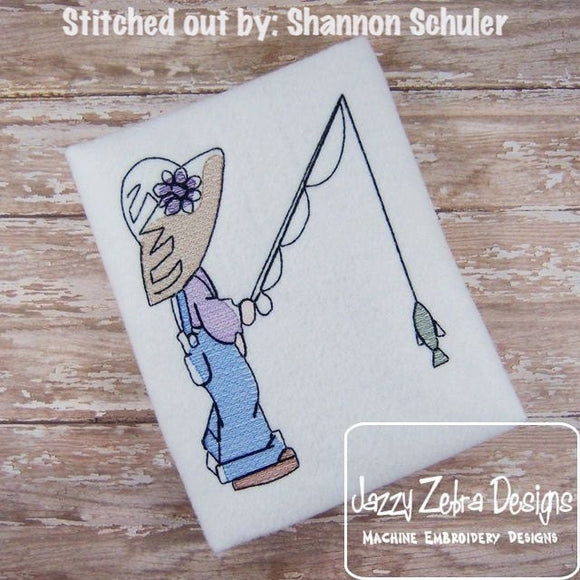 Fishing Girl sketch machine embroidery design