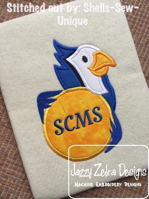 Blue jay bird monogram circle appliqué machine embroidery design