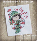 Christmas Sant Elf sitting on candy cane sketch machine embroidery design