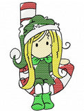 Christmas Girl elf sitting on Candy Cane Sketch machine Embroidery Design