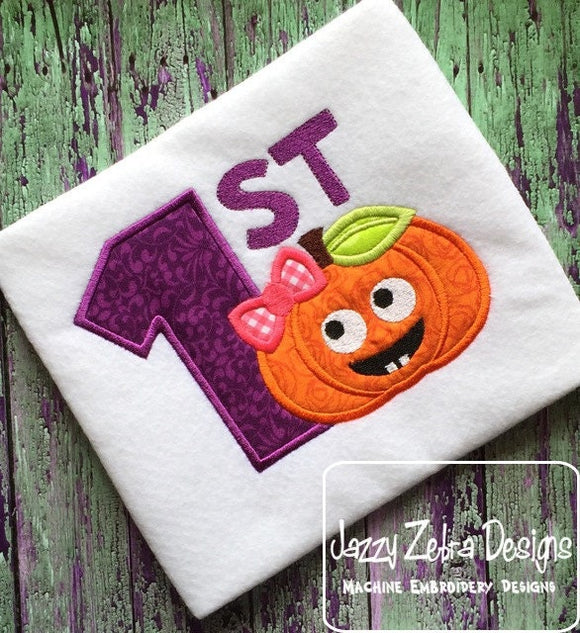 1st Halloween girl pumpkin appliqué machine embroidery design