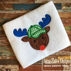Reindeer boy wearing baseball hat appliqué machine embroidery design